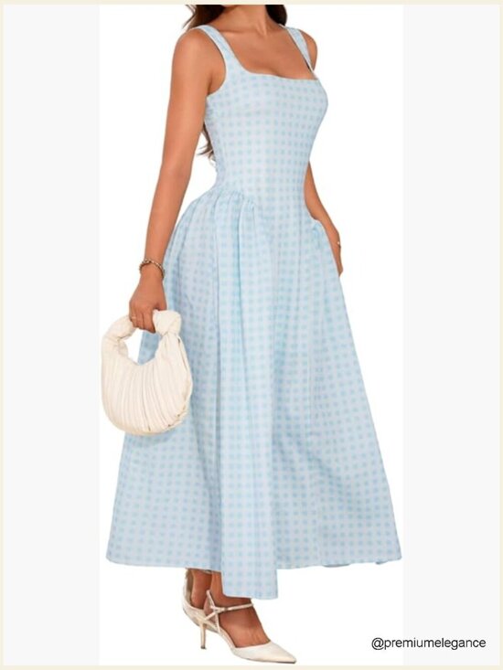 Dresses & Skirts - Plaid Maxi Dress, A-Line Drop-Waist, Square Neck, Sleeveless Semi Formal